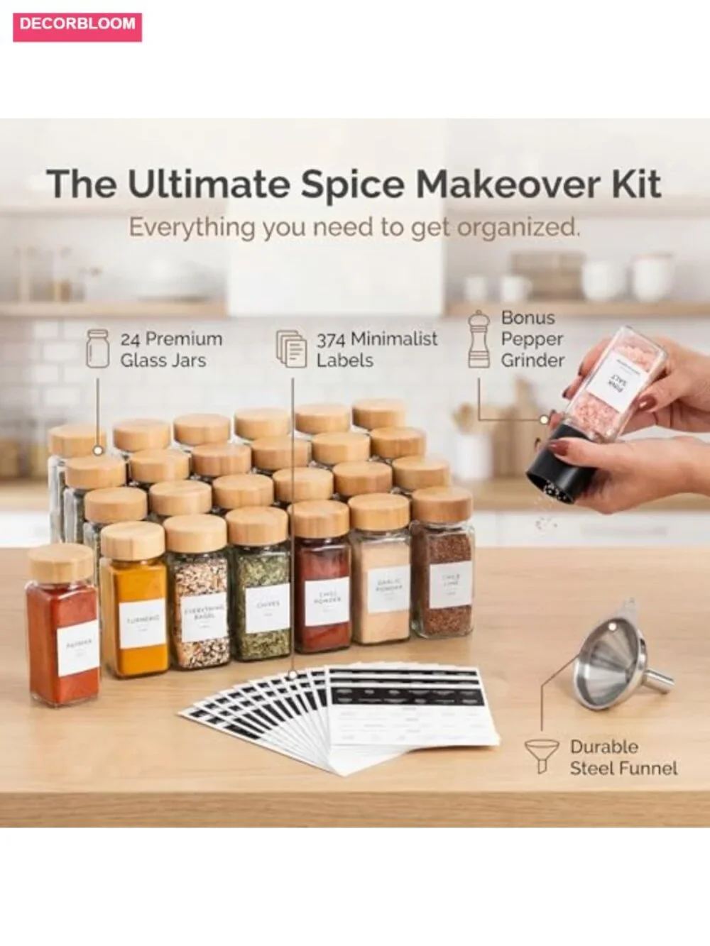 24-Pack Glass Spice Jars with Bamboo Lids, Pepper Grinder & Labels
